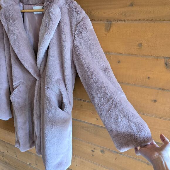 Lush Mauve Coat Faux Fur Collared Soft Fuzzy Oversized Medium Pocket Front Snap - Picture 7 of 8